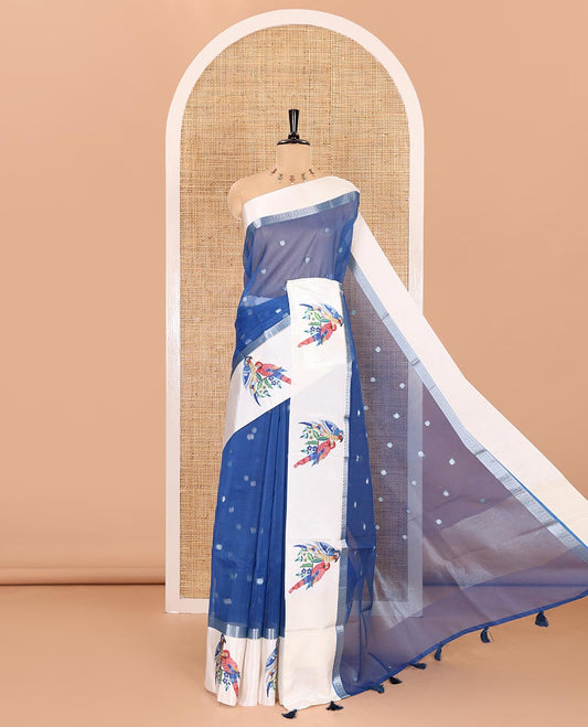 Royal blue zari buttas fancy organza saree, contrast satin with small zari border of macaw parrot motifs digital print, zari pallu, and a running blouse
