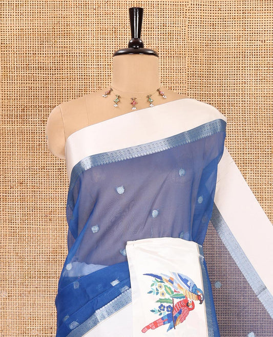 Royal blue zari buttas fancy organza saree, contrast satin with small zari border of macaw parrot motifs digital print, zari pallu, and a running blouse