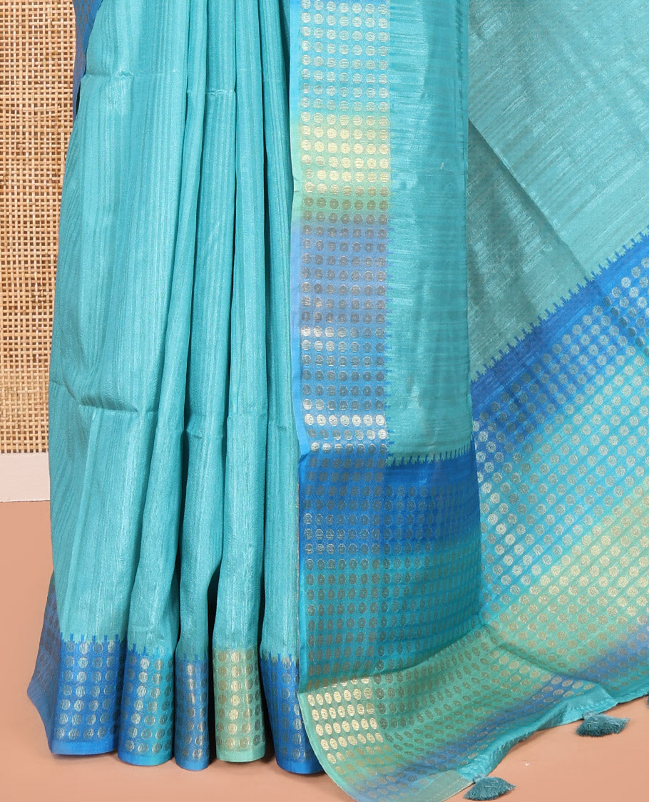 Rama Plain Matka Silk Fancy Saree , Small Polka Dots Woven Temple contrast Border, Pallu Steeped with Polka Dots, and Paired with a Patola-Style Floral Printed Blouse
