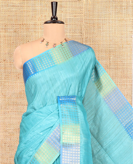Rama Plain Matka Silk Fancy Saree , Small Polka Dots Woven Temple contrast Border, Pallu Steeped with Polka Dots, and Paired with a Patola-Style Floral Printed Blouse