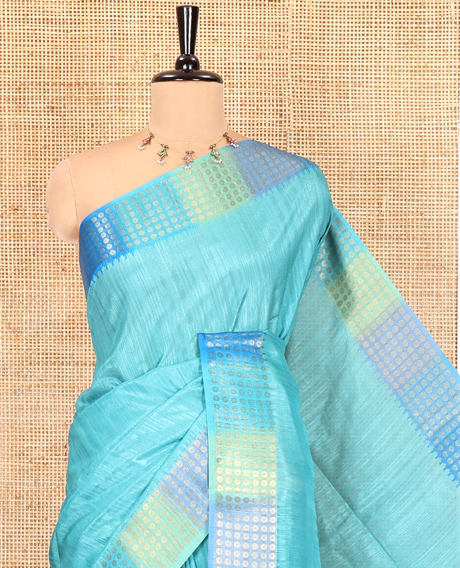 Rama Plain Matka Silk Fancy Saree , Small Polka Dots Woven Temple contrast Border, Pallu Steeped with Polka Dots, and Paired with a Patola-Style Floral Printed Blouse