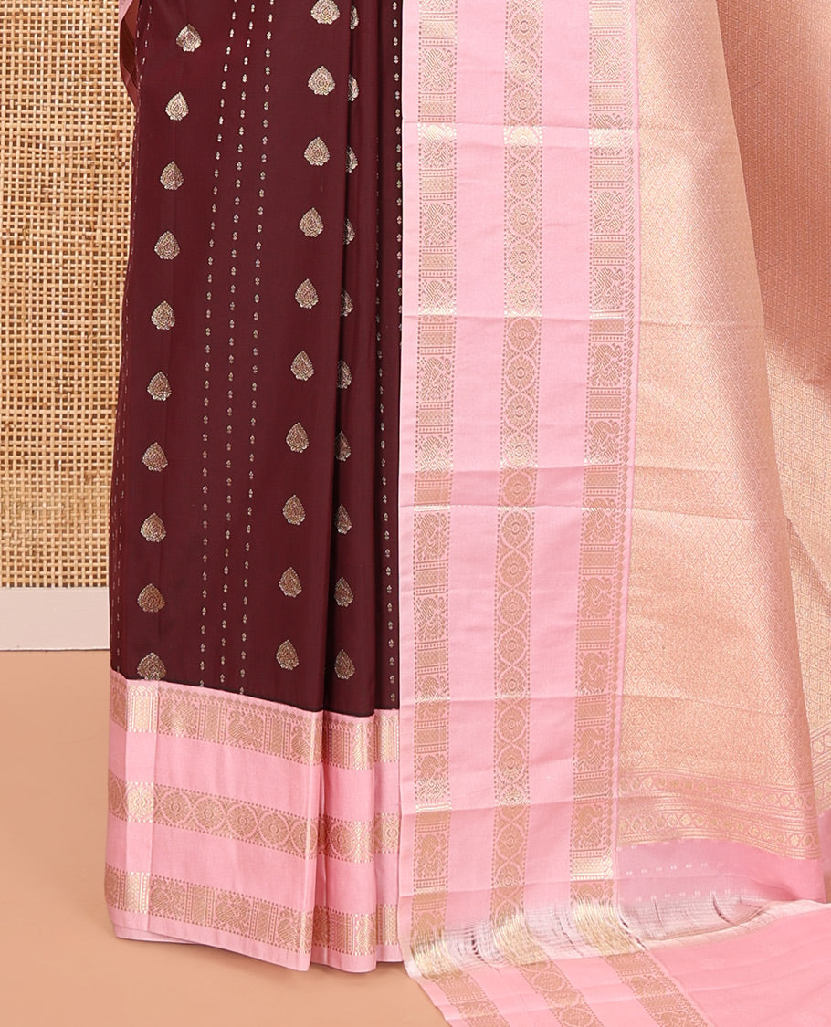 Coffee Brown and Light Pink Budget Silk Saree, Zari Buttas All Over Its Body, With Contrast Traditional Zari Border, Gleaming Grand Jaal Pallu, and Contrast Blouse