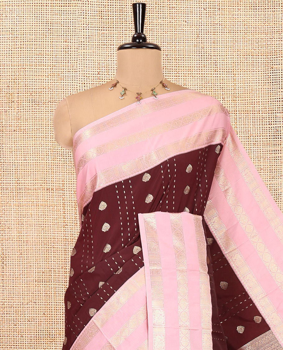 Coffee Brown and Light Pink Budget Silk Saree, Zari Buttas All Over Its Body, With Contrast Traditional Zari Border, Gleaming Grand Jaal Pallu, and Contrast Blouse