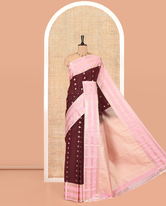 Coffee Brown and Light Pink Budget Silk Saree, Zari Buttas All Over Its Body, With Contrast Traditional Zari Border, Gleaming Grand Jaal Pallu, and Contrast Blouse