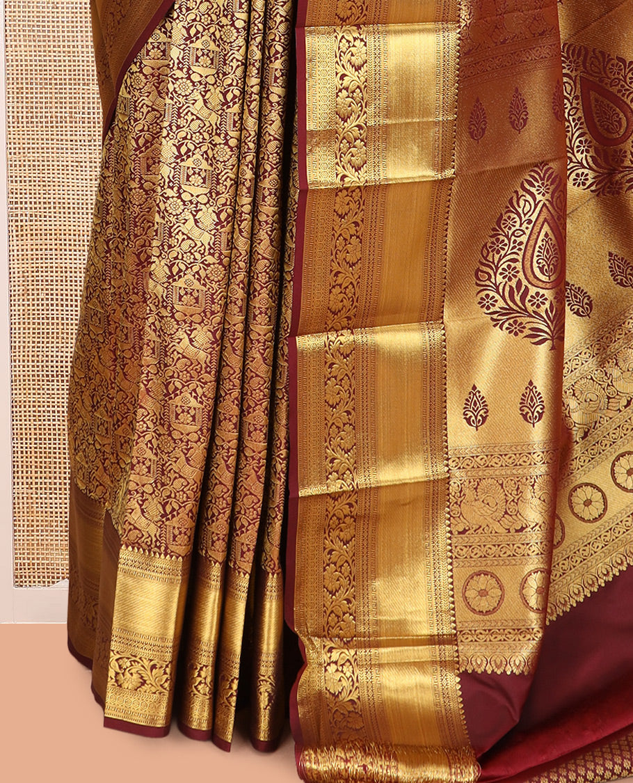 Maroon Budget Silk Saree, Decked Up with Jacquard Design, a Zari Border, Grand Pallu, and a Matching Blouse