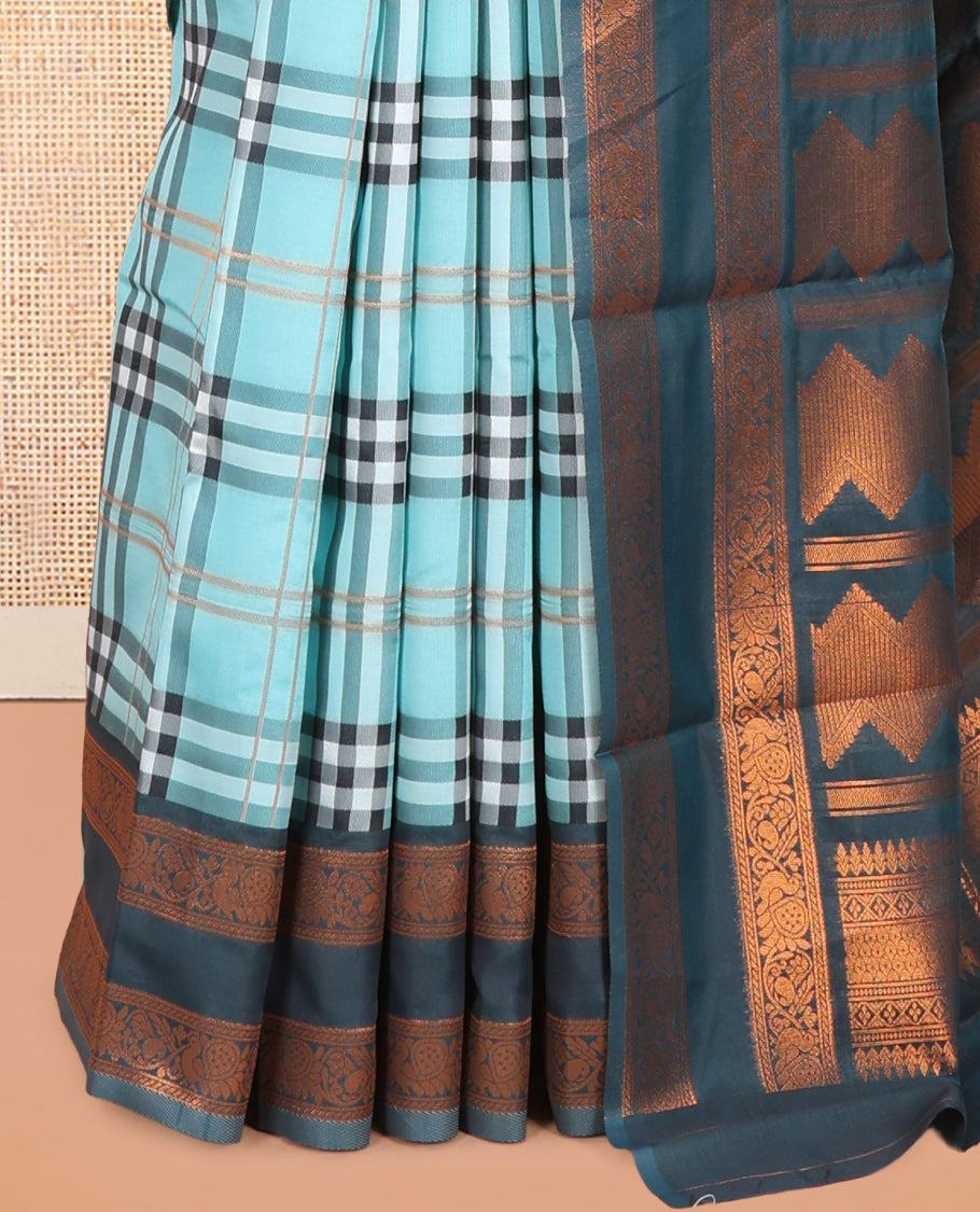 Sky Blue Burberry Checked Litchi Saree, a Contrast Rettai Pettu Border, Grand Pallu, Contrast Blouse