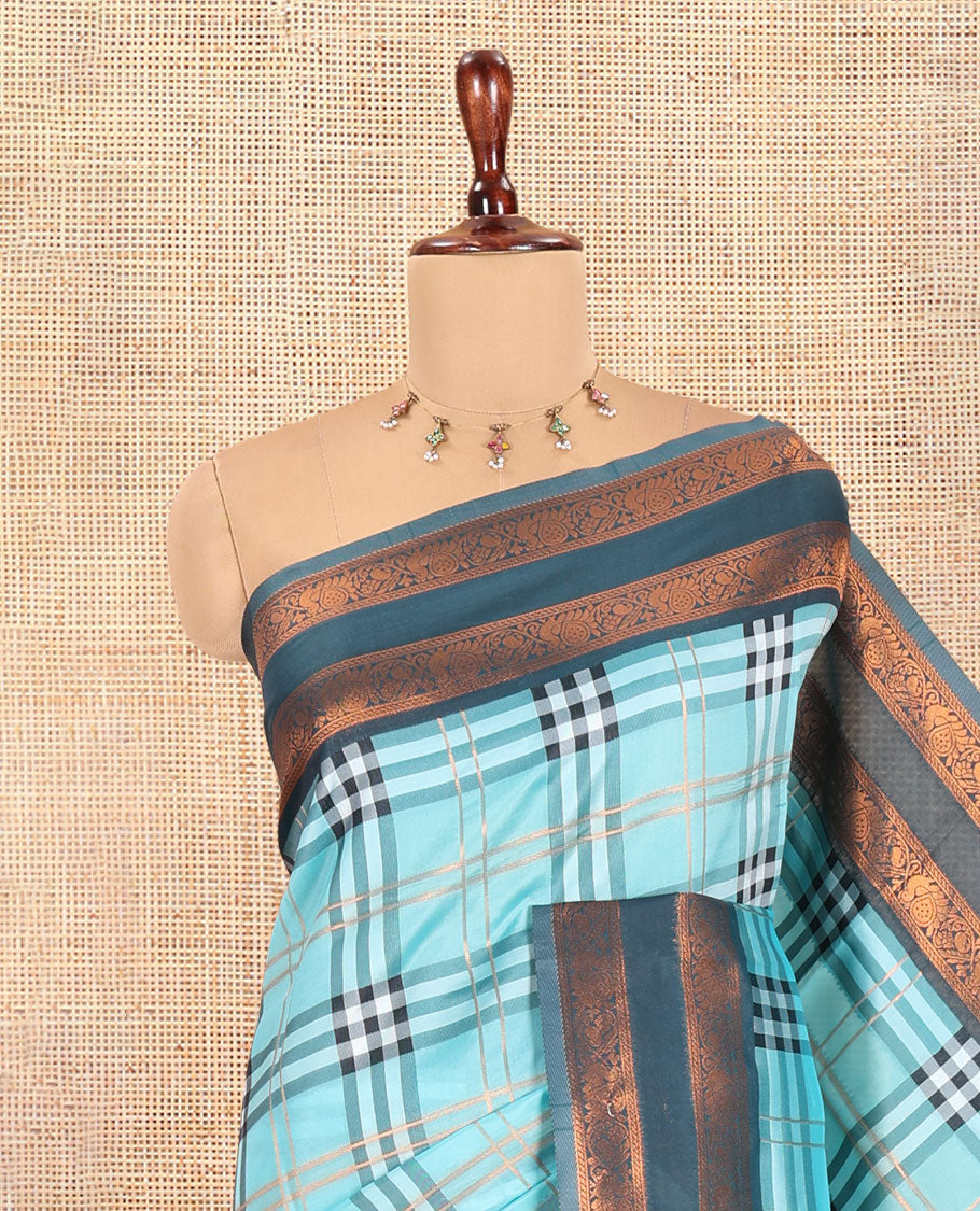 Sky Blue Burberry Checked Litchi Saree, a Contrast Rettai Pettu Border, Grand Pallu, Contrast Blouse
