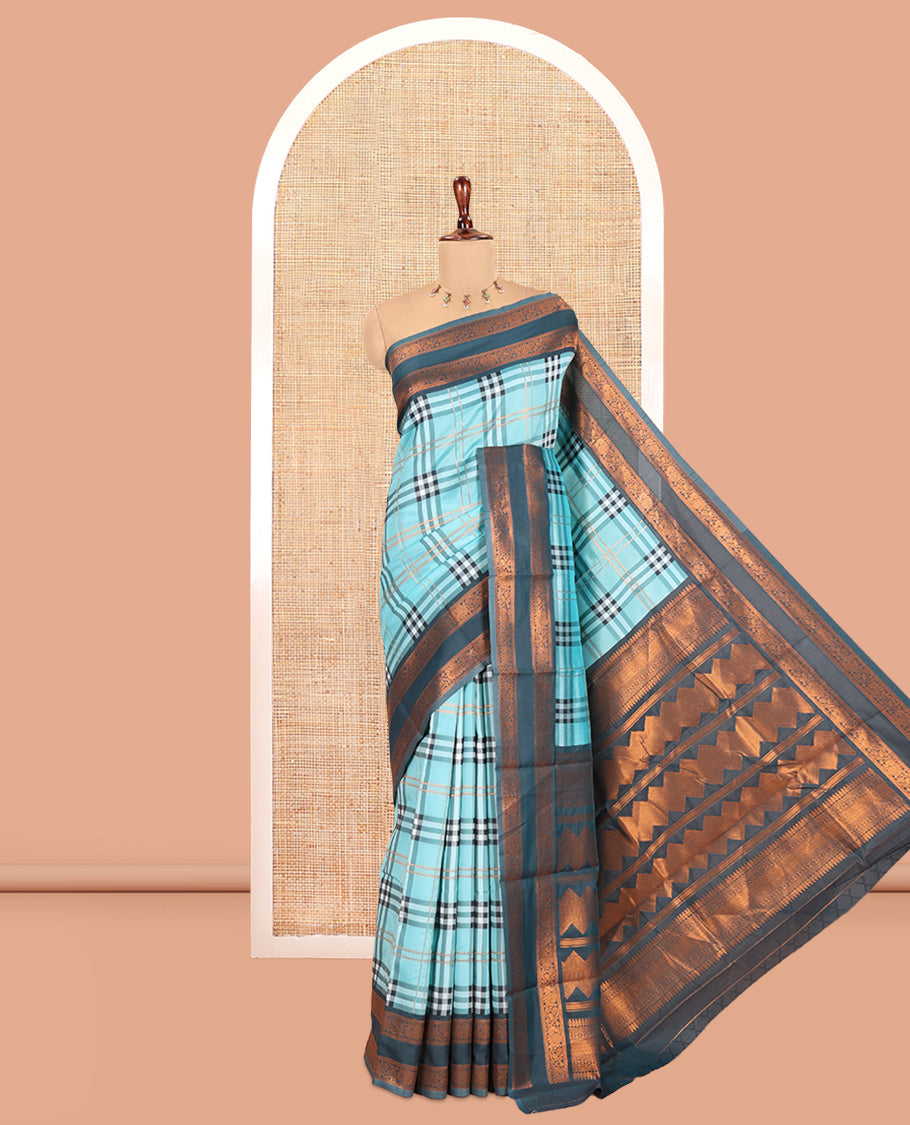Sky Blue Burberry Checked Litchi Saree, a Contrast Rettai Pettu Border, Grand Pallu, Contrast Blouse