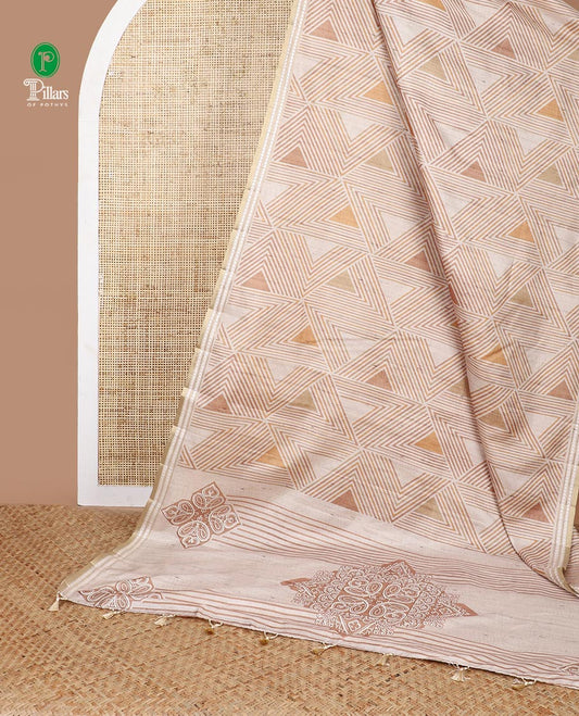 Chikku color with brown block geometric print fancy tussar silk saree with zari resam border & block print pallu along striped blouse