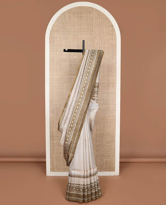 White chevron design printed silk saree with contrast geometric design border & geometric design pallu