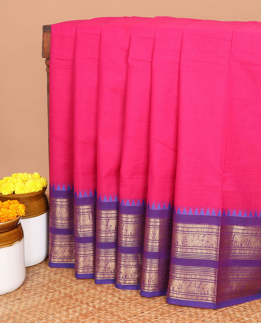 Pink chettinad cotton saree with contrast rettai pettu border of elephant, peacock design & striped pallu