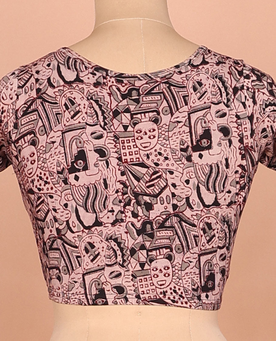 Pink mordern painting style printed front and back round neck elbow sleeve cotton readymade blouse