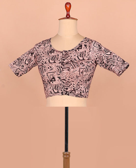 Pink mordern painting style printed front and back round neck elbow sleeve cotton readymade blouse