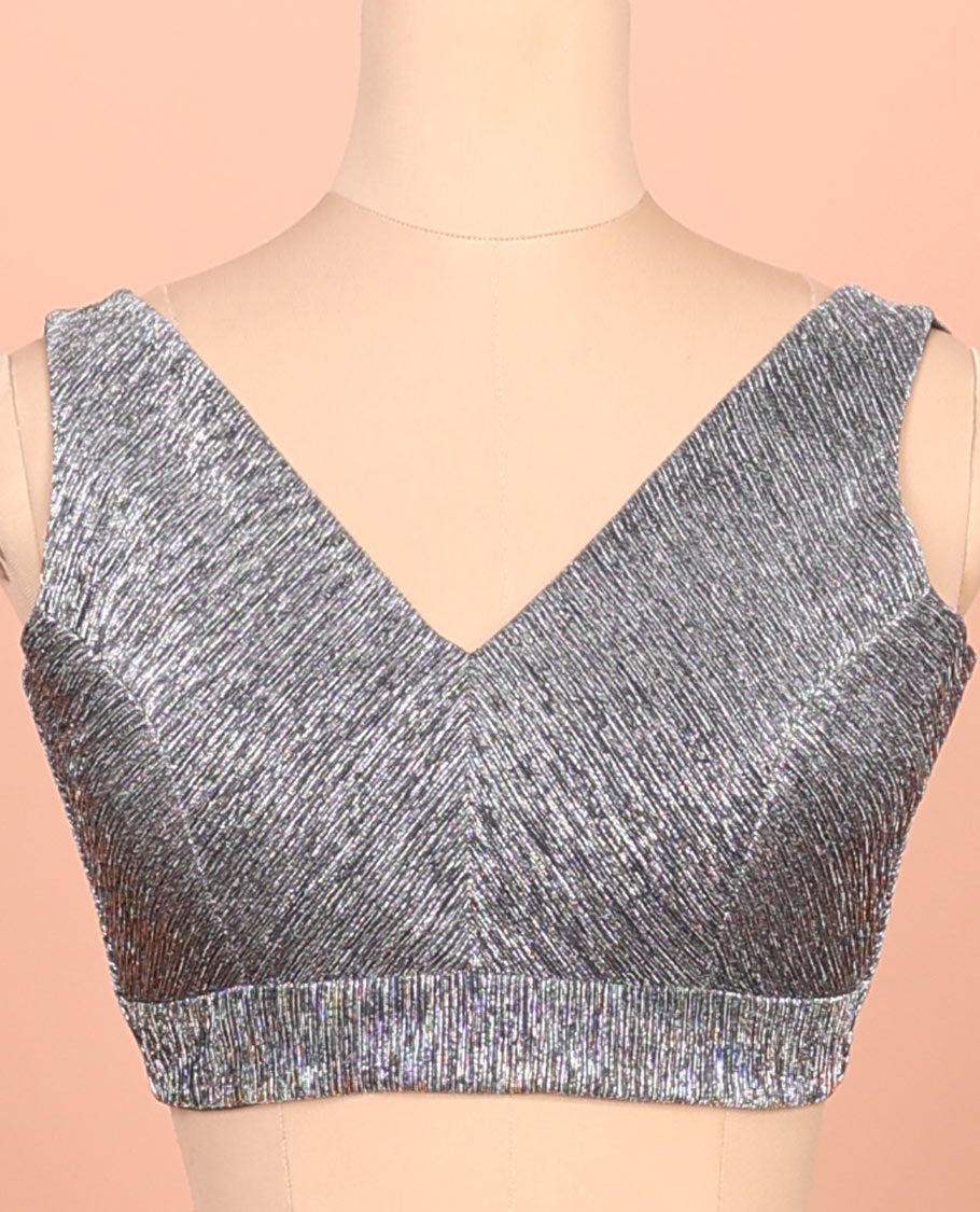 Scintillating grey front-back deep V-neck sleeveless readymade blouse