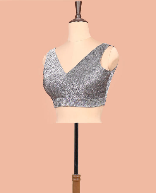 Scintillating grey front-back deep V-neck sleeveless readymade blouse