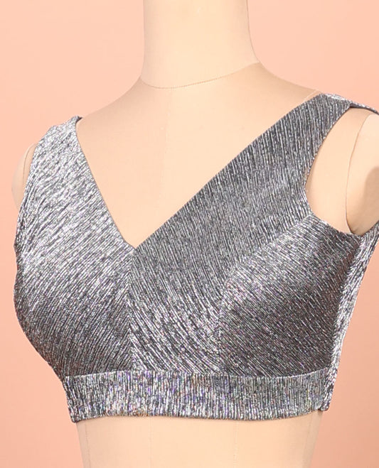 Scintillating grey front-back deep V-neck sleeveless readymade blouse