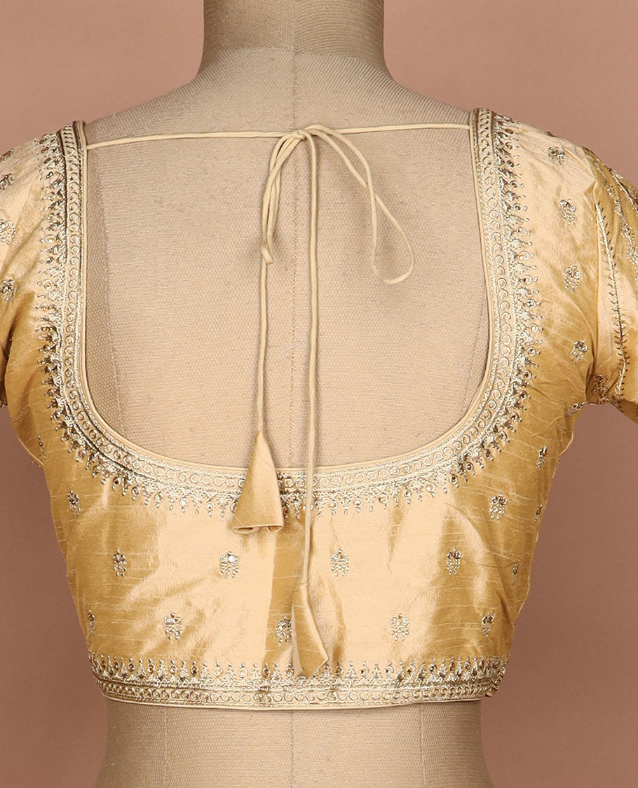 Sandal thread embroidered round neck elbow sleeve raw silk readymade blouse