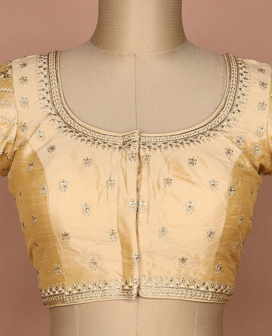 Sandal thread embroidered round neck elbow sleeve raw silk readymade blouse