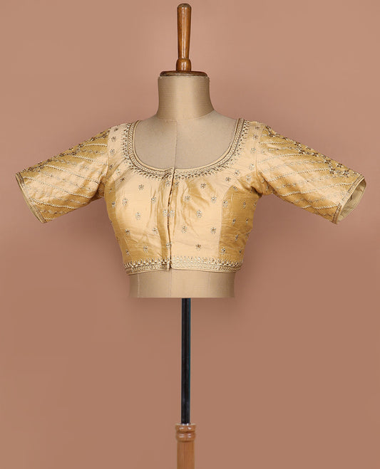 Sandal thread embroidered round neck elbow sleeve raw silk readymade blouse