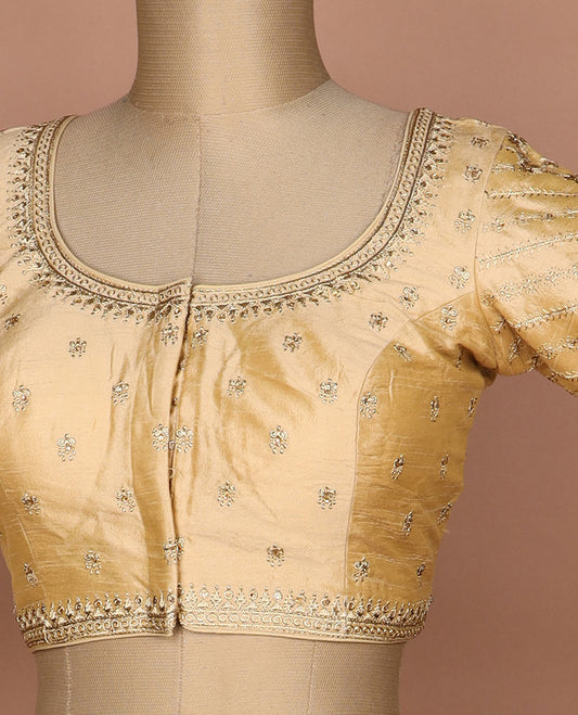 Sandal thread embroidered round neck elbow sleeve raw silk readymade blouse