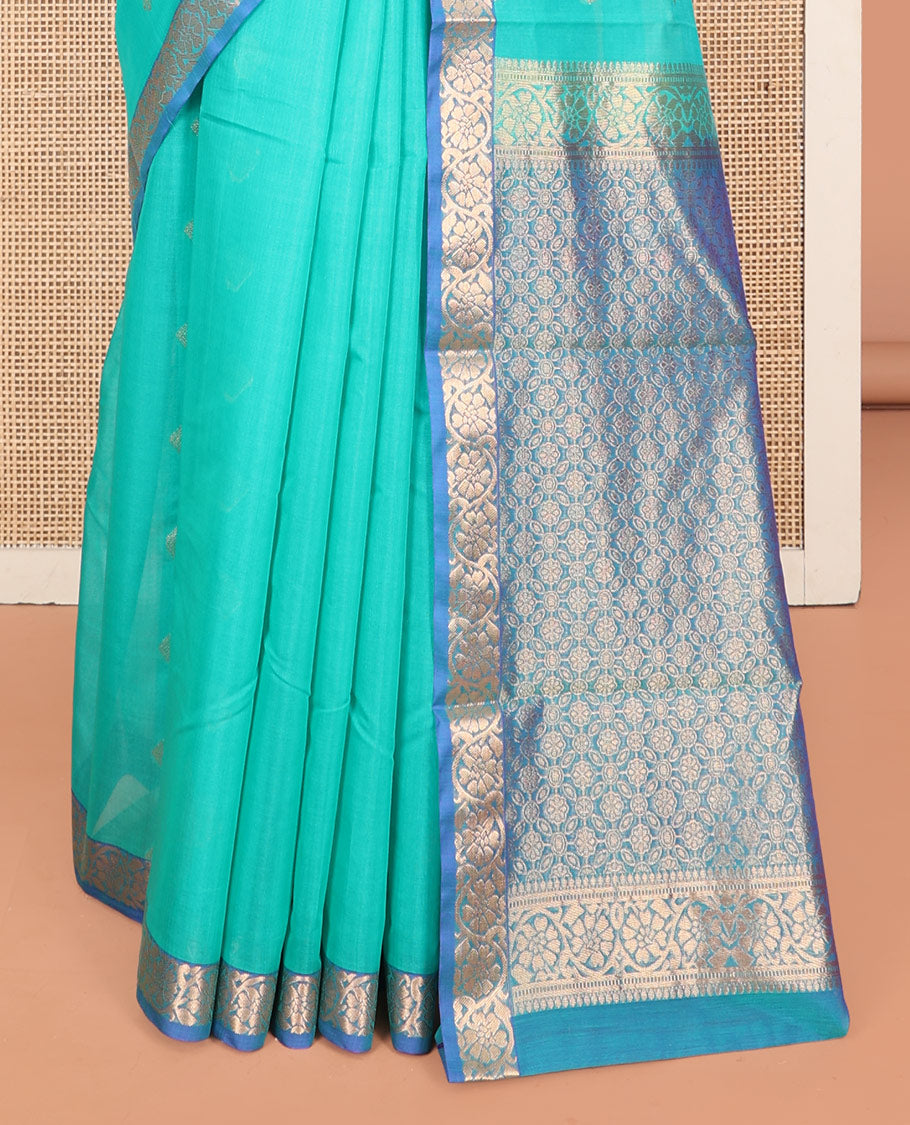 Blue Silk Cotton Saree, Adorned with Zari Buttas, Complemented by Contrast Floral Creeper Border, a Pallu of Intricate Designs, and Contrast Blouse