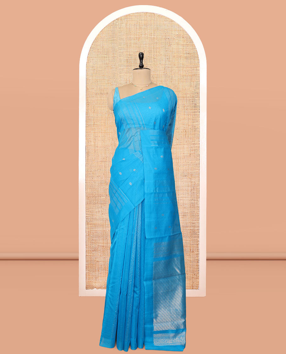 Borderless Blue Silk Cotton Saree, Steeped with Zari Stripes and Buttas, Diagonally Striped Pallu, and a Matching Blouse