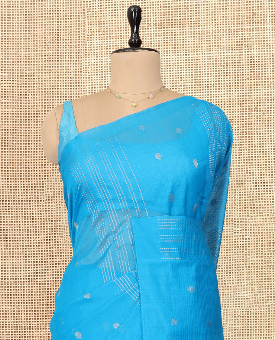 Borderless Blue Silk Cotton Saree, Steeped with Zari Stripes and Buttas, Diagonally Striped Pallu, and a Matching Blouse