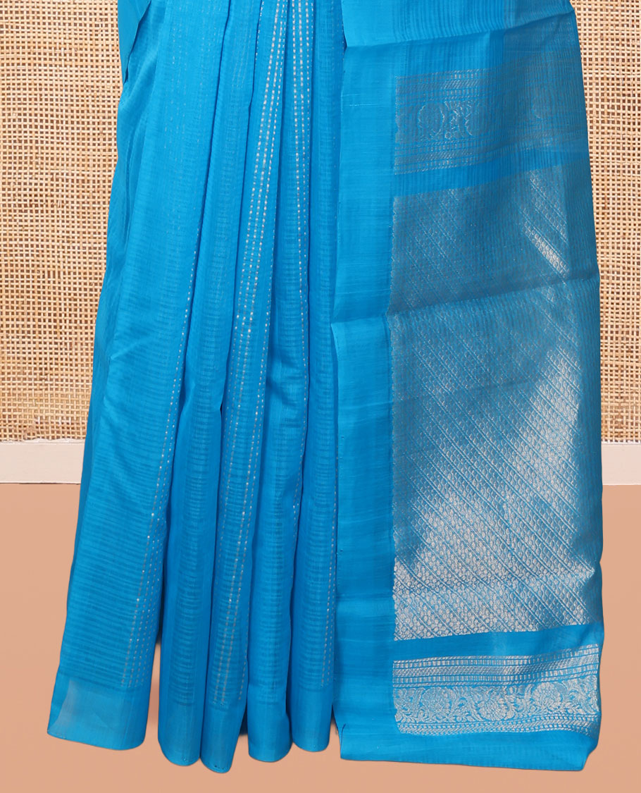 Borderless Blue Silk Cotton Saree, Steeped with Zari Stripes and Buttas, Diagonally Striped Pallu, and a Matching Blouse