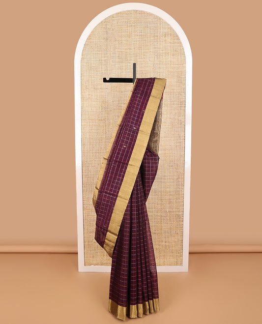 Maroon checked, motifs silk cotton saree with self zari border & floral design pallu
