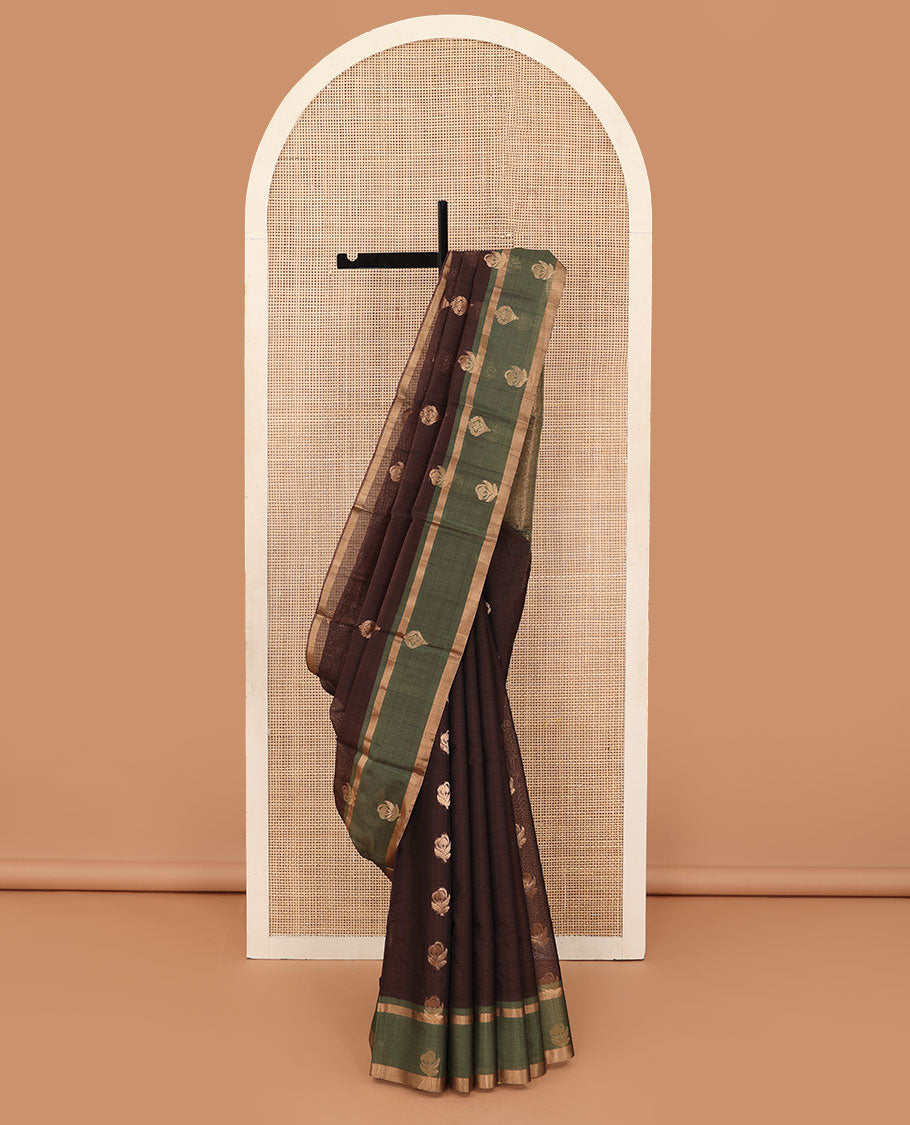 Brown zari buttas silk cotton saree, contrast zari buttas woven border and pallu of intricate designs