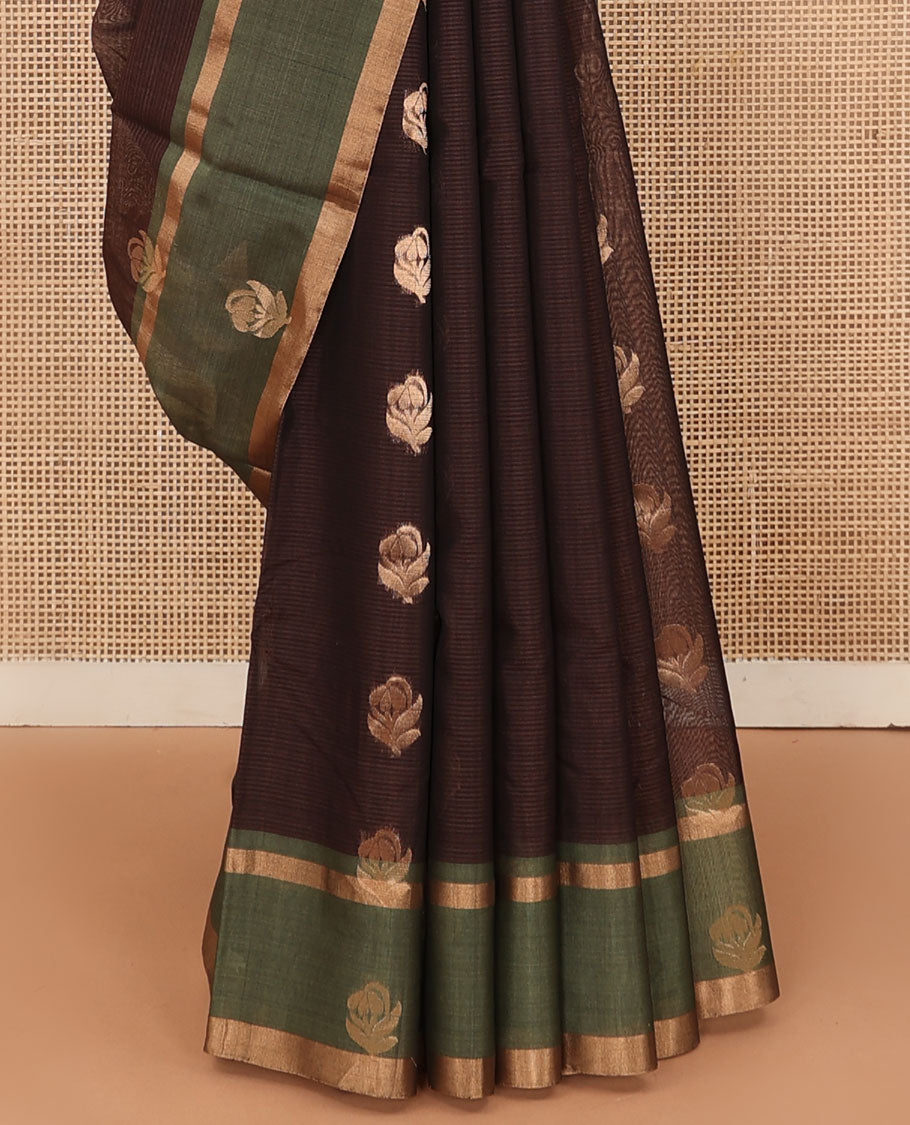 Brown zari buttas silk cotton saree, contrast zari buttas woven border and pallu of intricate designs