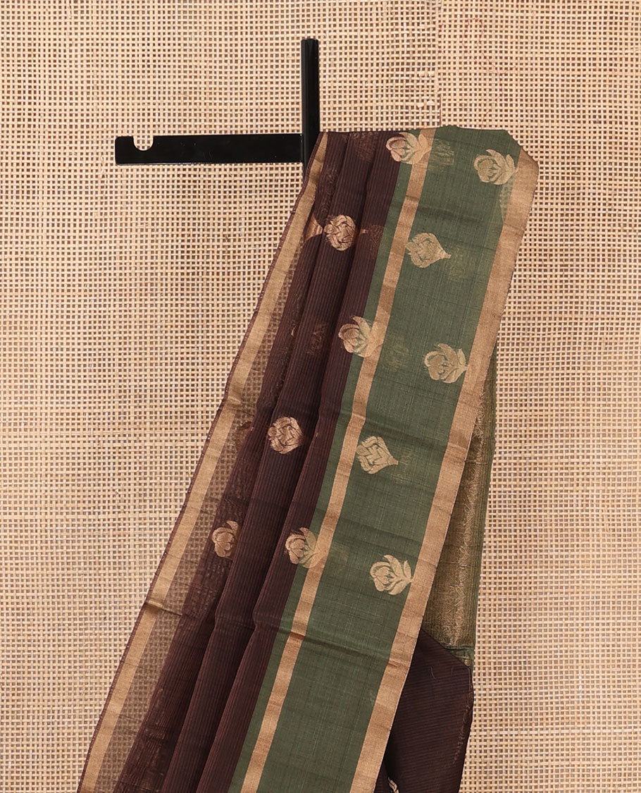 Brown zari buttas silk cotton saree, contrast zari buttas woven border and pallu of intricate designs