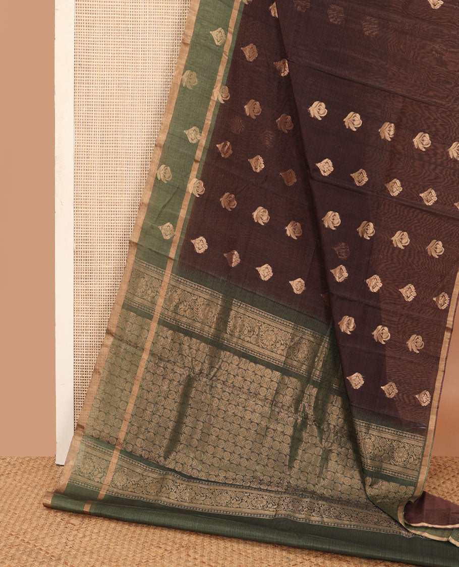 Brown zari buttas silk cotton saree, contrast zari buttas woven border and pallu of intricate designs