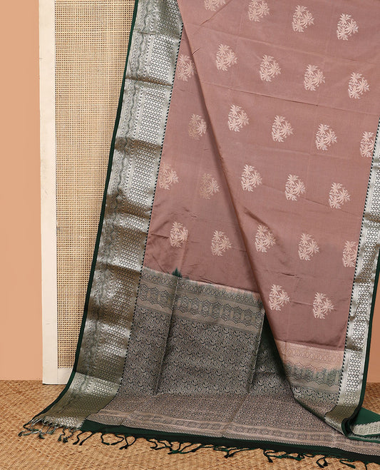 Brown tree buttas soft silk saree, contrast traditional zari design border, and floral design pallu