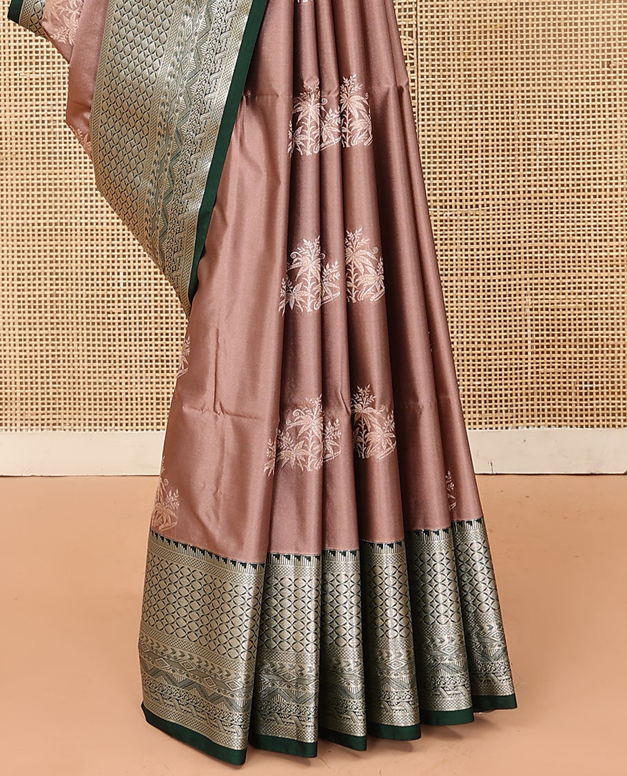 Brown tree buttas soft silk saree, contrast traditional zari design border, and floral design pallu