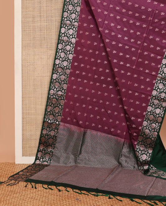 Maroon semi-soft silk saree with zari buttas, contrast zari border of floral jaal design & pallu of jaal design