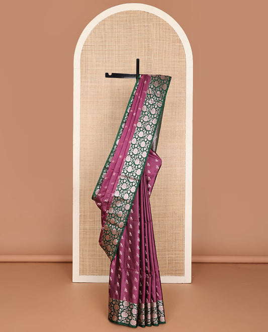 Maroon semi-soft silk saree with zari buttas, contrast zari border of floral jaal design & pallu of jaal design