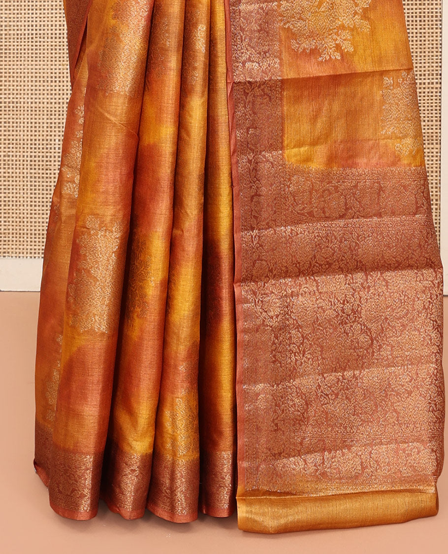 Yellow-Orange Tussar Silk Saree, Subtly Sparkled with Zari Buttas, Highlighted by a Zari Border, Floral Design Pallu, and a Matching Blouse