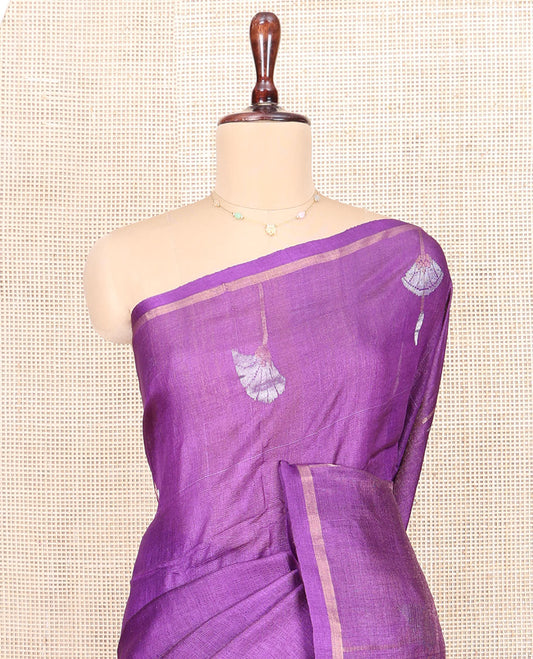 Purple Tussar Silk Saree, Graced with Floral Zari Buttas All Over Its Body, Subtle Piping Border, Pallu of Floral Designs, and Paired with a Contrast Blouse