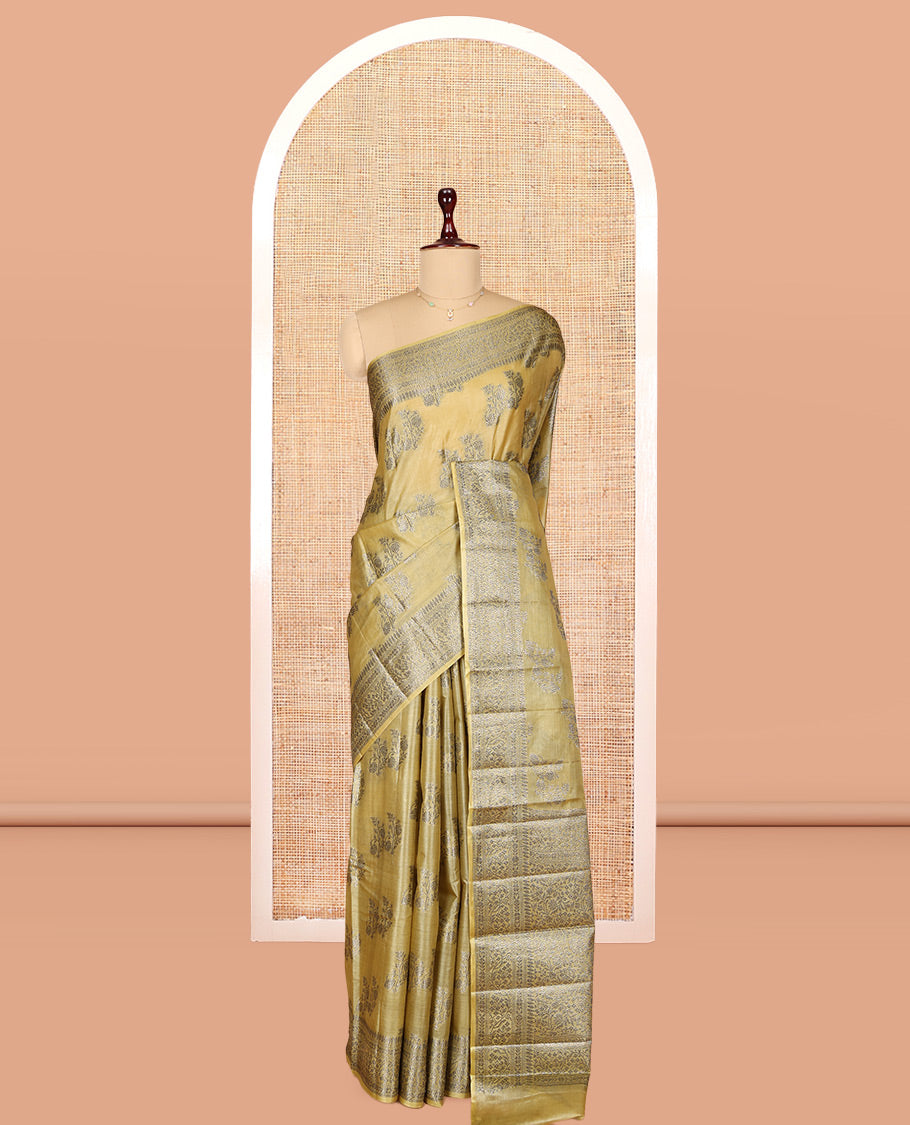 Yellow Tusser Silk Saree, Decorated with Zari Buttas, a Zari Border, Grand Pallu, and a Matching Blouse