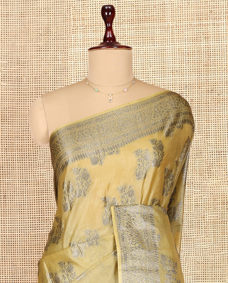 Yellow Tusser Silk Saree, Decorated with Zari Buttas, a Zari Border, Grand Pallu, and a Matching Blouse