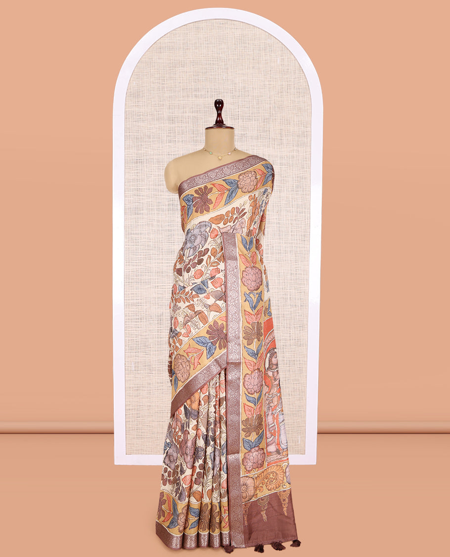 Off-White Kalamkari Printed Fancy Tussar Saree
