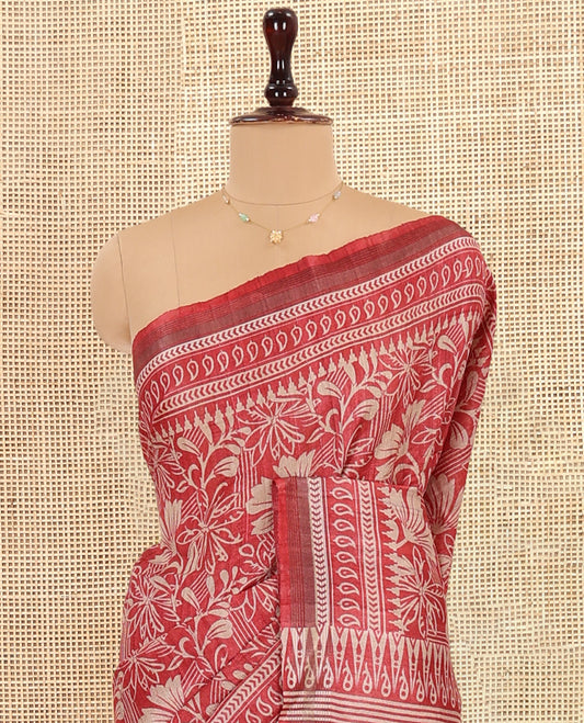 Red Tussar Saree, Crafted with Floral Print, Geometric Printed Border, Intricate Pallu, and a Matching Blouse