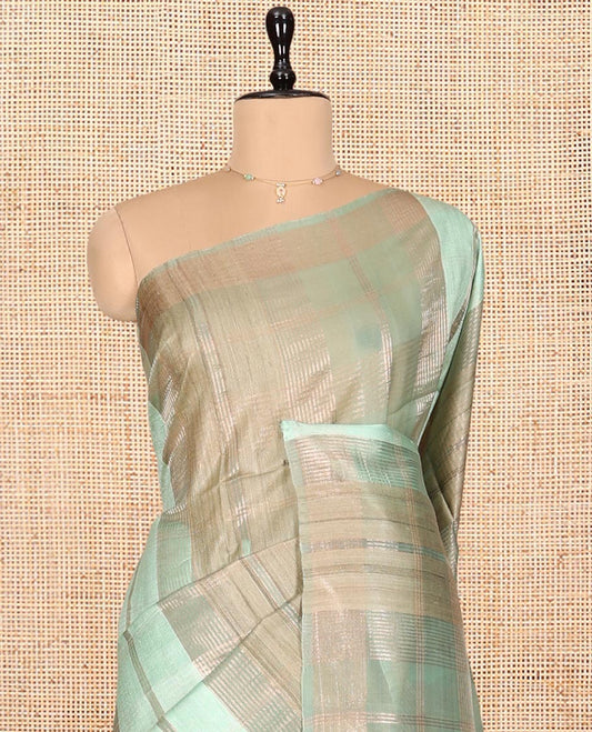 Borderless Pale Green Checked Tussar Silk Saree, a Self-Pallu, and a Matching Blouse