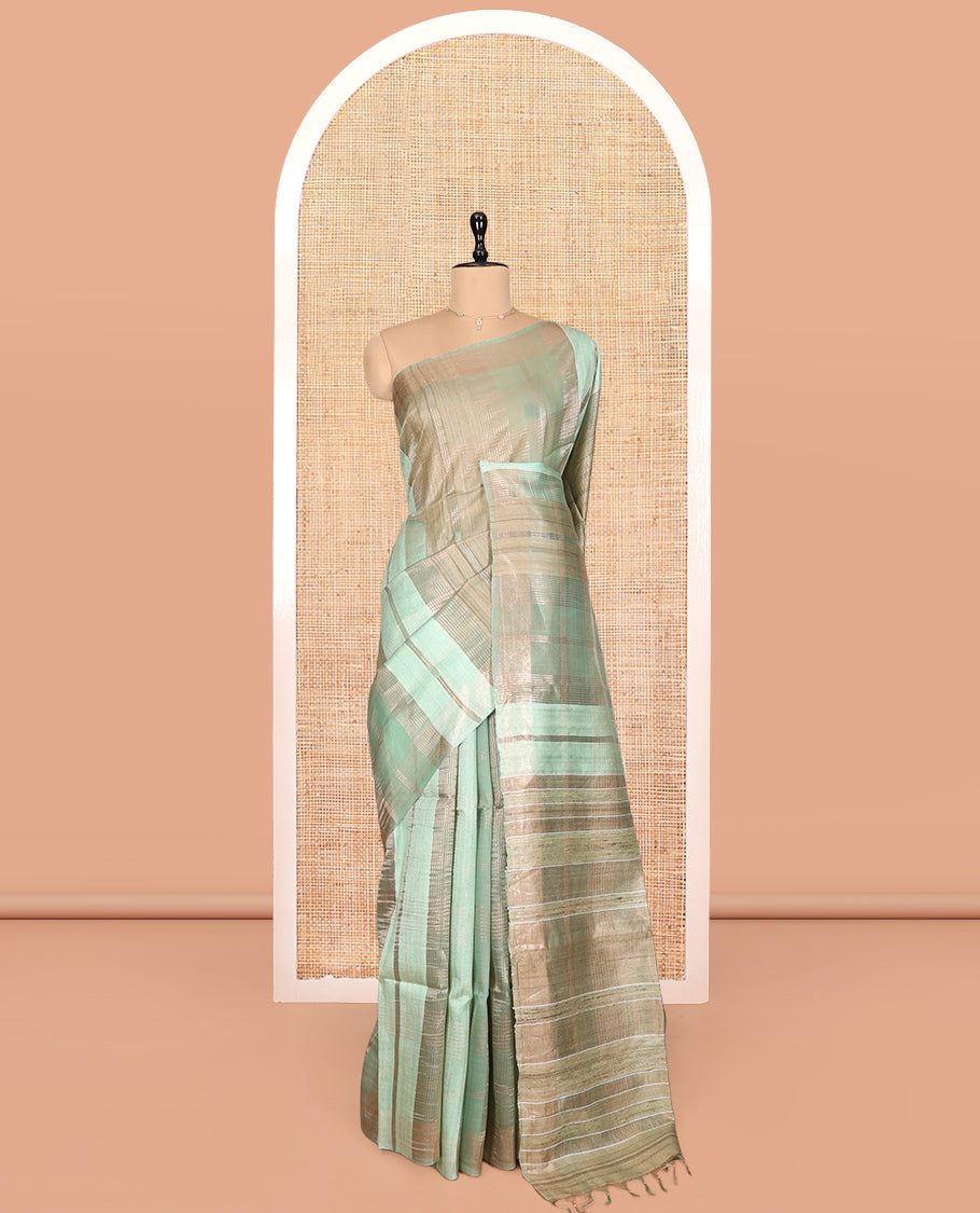 Borderless Pale Green Checked Tussar Silk Saree, a Self-Pallu, and a Matching Blouse