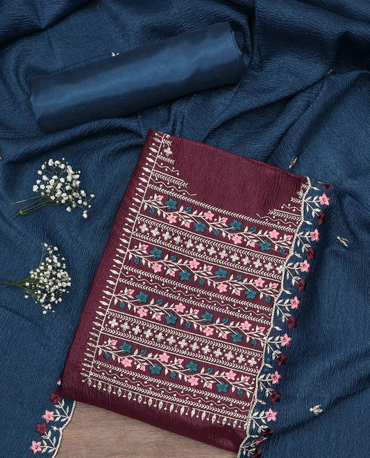 Burgundy material chudidar set, neck embroidered top, contrast plain bottom and crushed dupatta of thread floral embroidery
