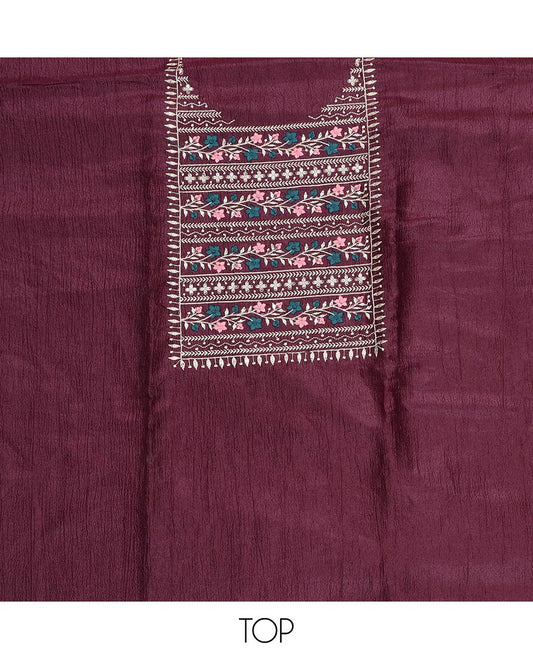 Burgundy material chudidar set, neck embroidered top, contrast plain bottom and crushed dupatta of thread floral embroidery