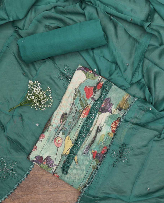 Green chudidhar material set floral printed with sequins embroidery top, plain bottom & floral motif sequins embroidery scallop border dupatta