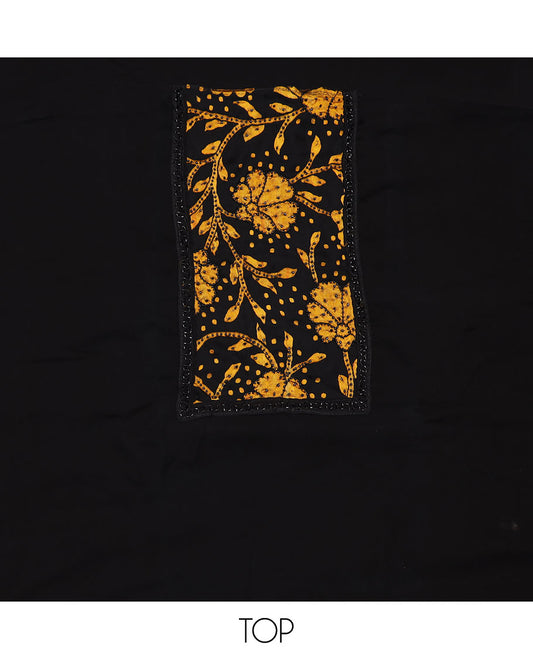 Black material chudidar set, yellow floral vine print with black micro stone neck work top, plain bottom and floral vine printed dupatta