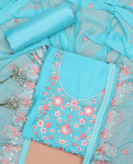 Blue chududhar material set, floral embodered top, plain & floral embroidery with lace border dupatta